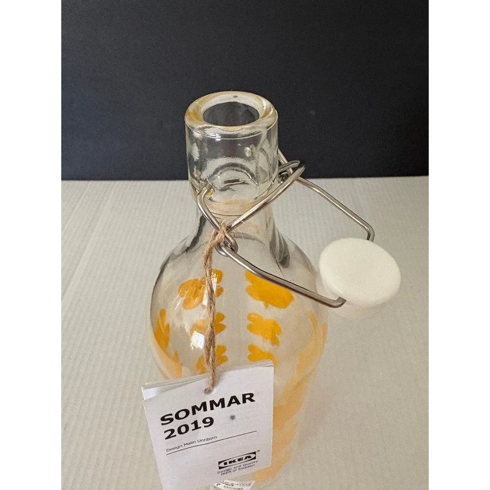 NEW IKEA SOMMAR 2019 Glass Swing-Top Bottle Malin Unnborn Yellow Floral 1L Retro